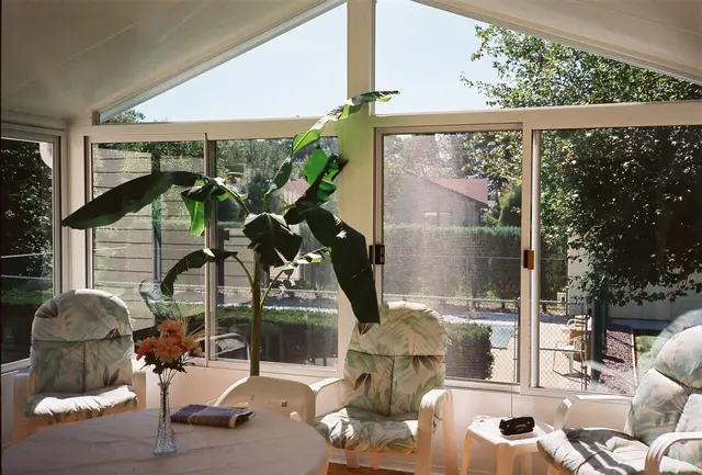 Sunroom interior corner, furnished